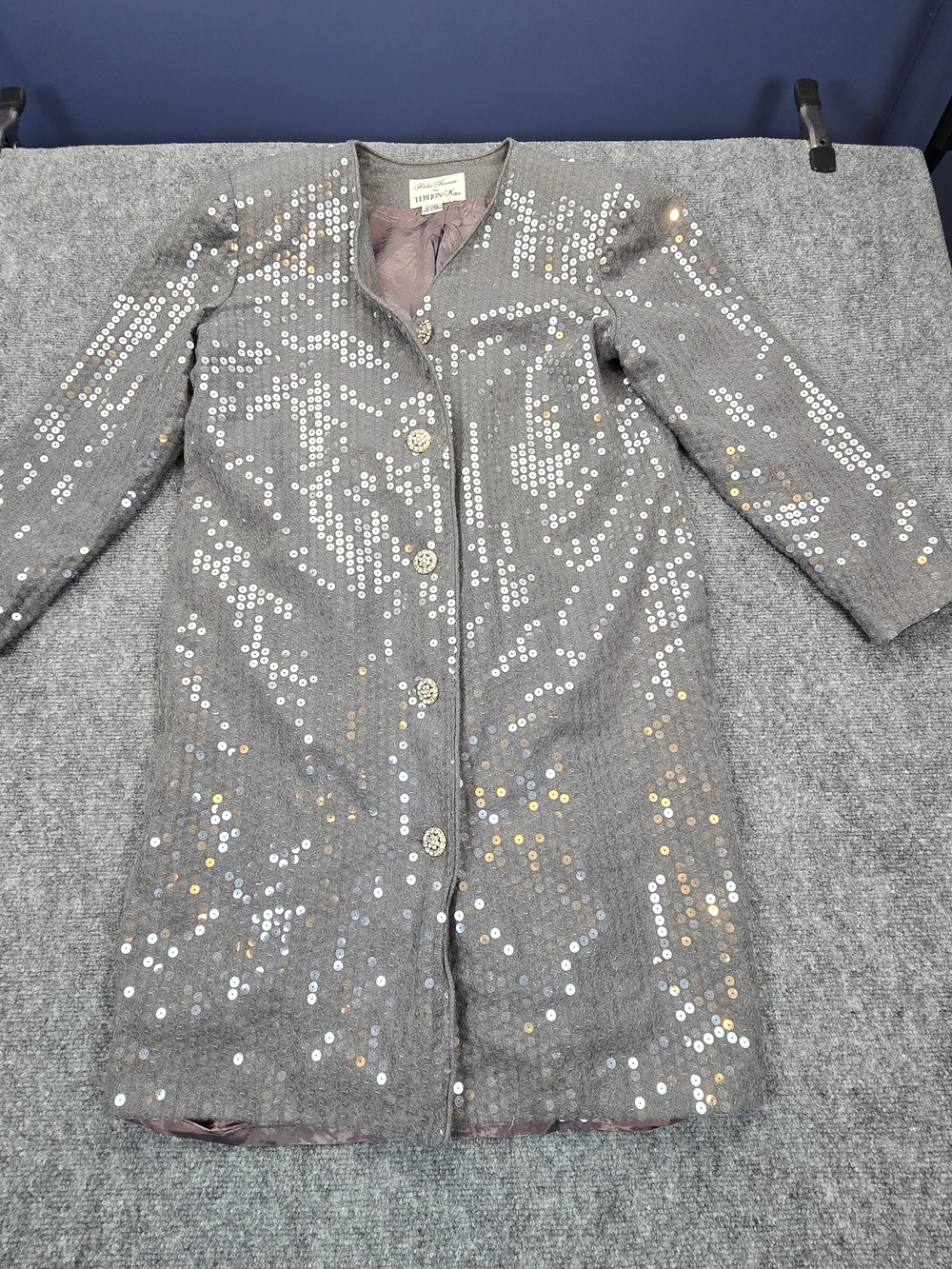 Rickie Freeman for Teri Jon Wool Sequin Coat Womens Gray Jeweled Vintage 38"